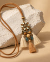 Vintage Enamel Daisy Flower Pendant Necklace with Beads & Triple Tassels