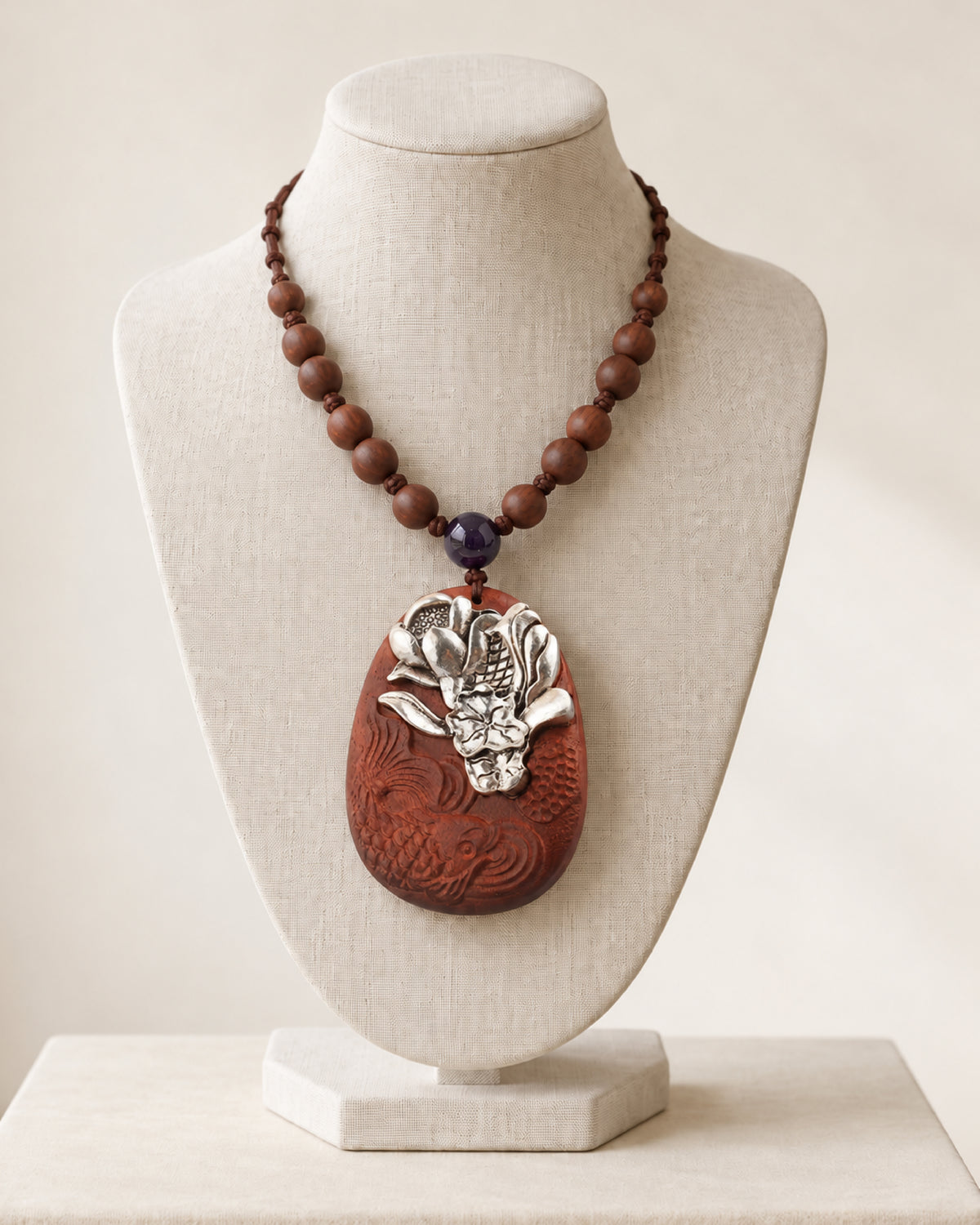 Silver Lotus & Carved Koi Fish Rosewood Pendant Necklace