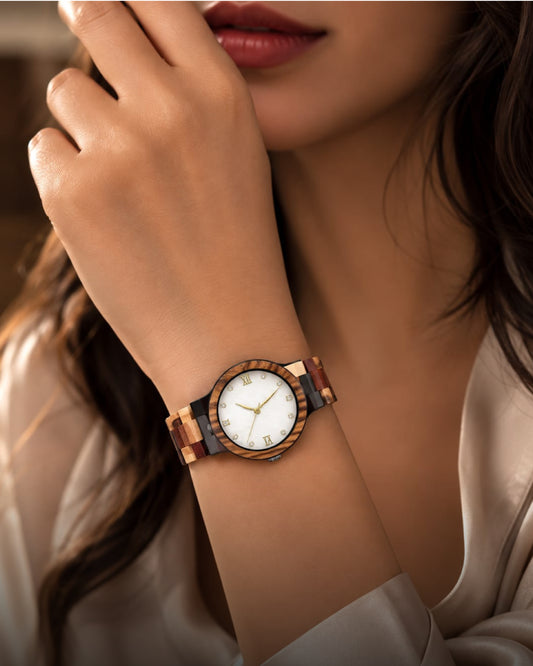 Round Crystal Marker White Dial Watch with Multicolor Mixed Wood Bracelet