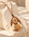 Wooden Teardrop Enamel Lotus Pendant Necklace with Cream Tassels