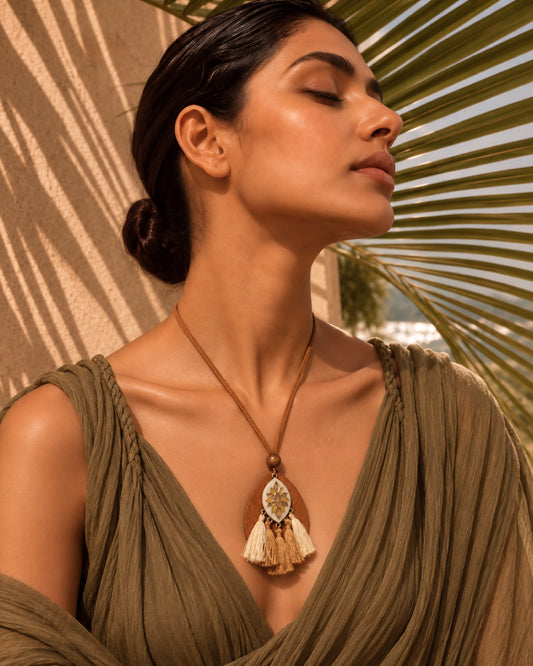 Wooden Teardrop Enamel Lotus Pendant Necklace with Cream Tassels
