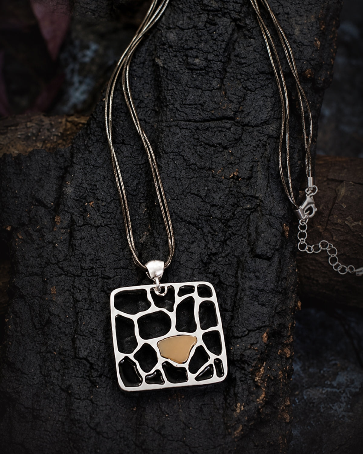 Silver Organic Cutout Square Pendant Necklace with Gold Accent, Triple Chain
