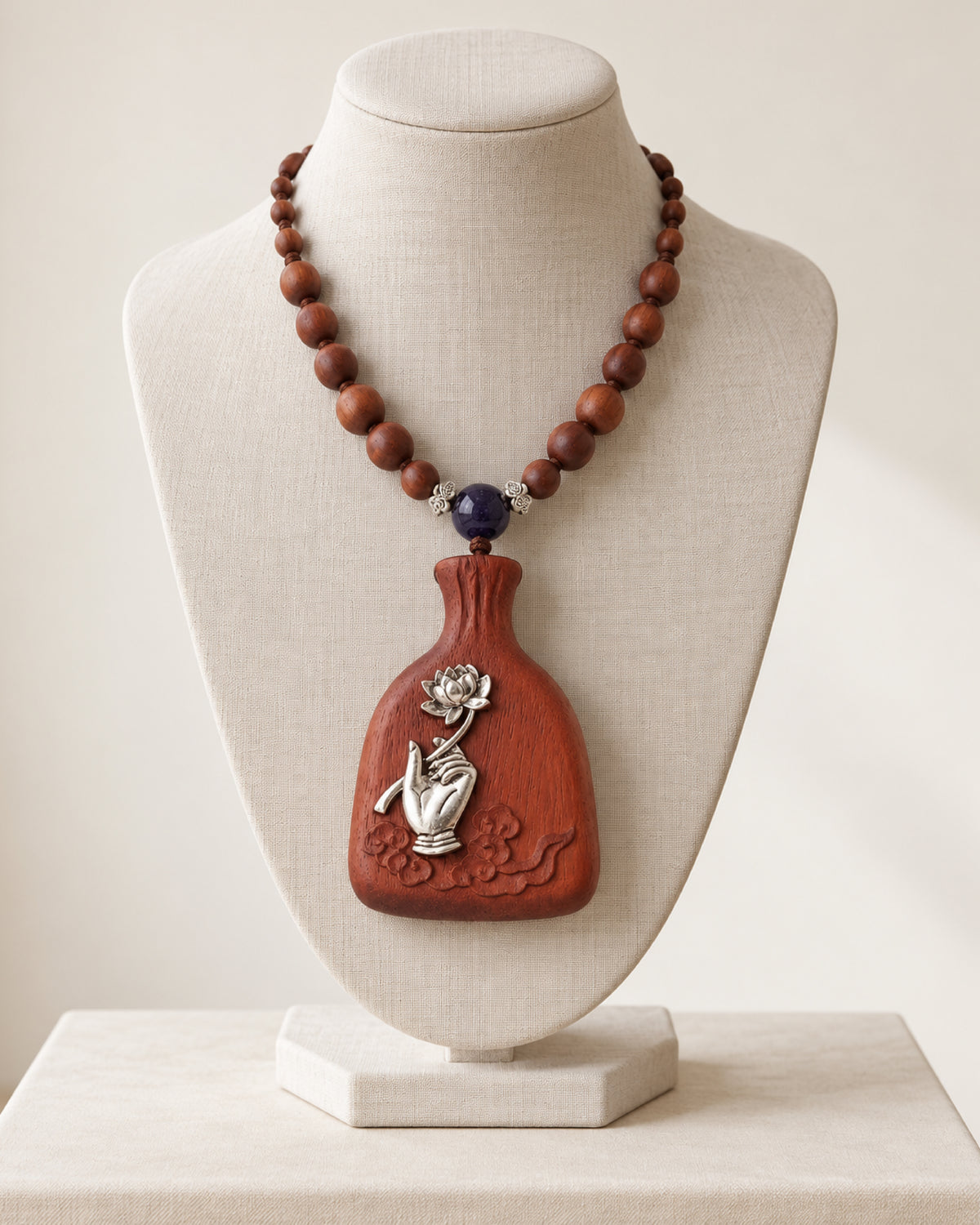 Buddha Hand Holding Lotus Carved Rosewood Pendant Necklace with Beaded Chain