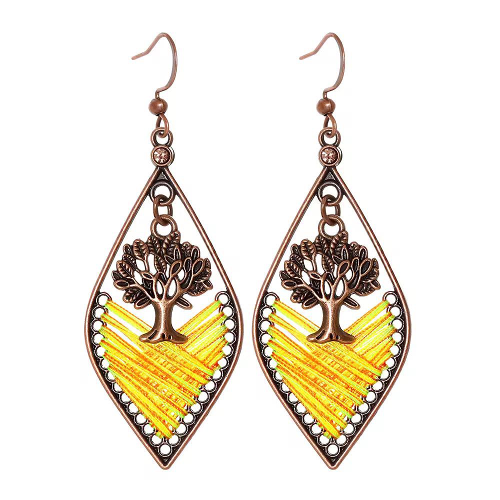 Rustic Tree of Life Sunshine Yellow Thread Woven Rhombus Earrings