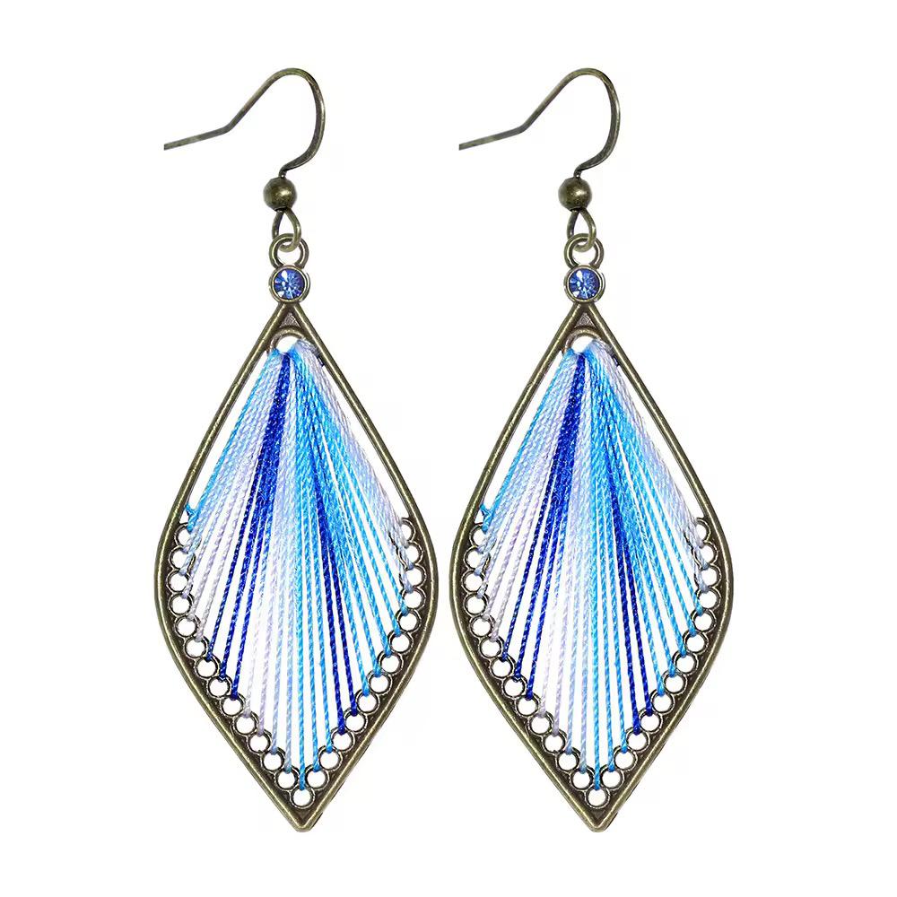 Ocean Blue Ombre Thread Bronze Leaf Drop Earrings