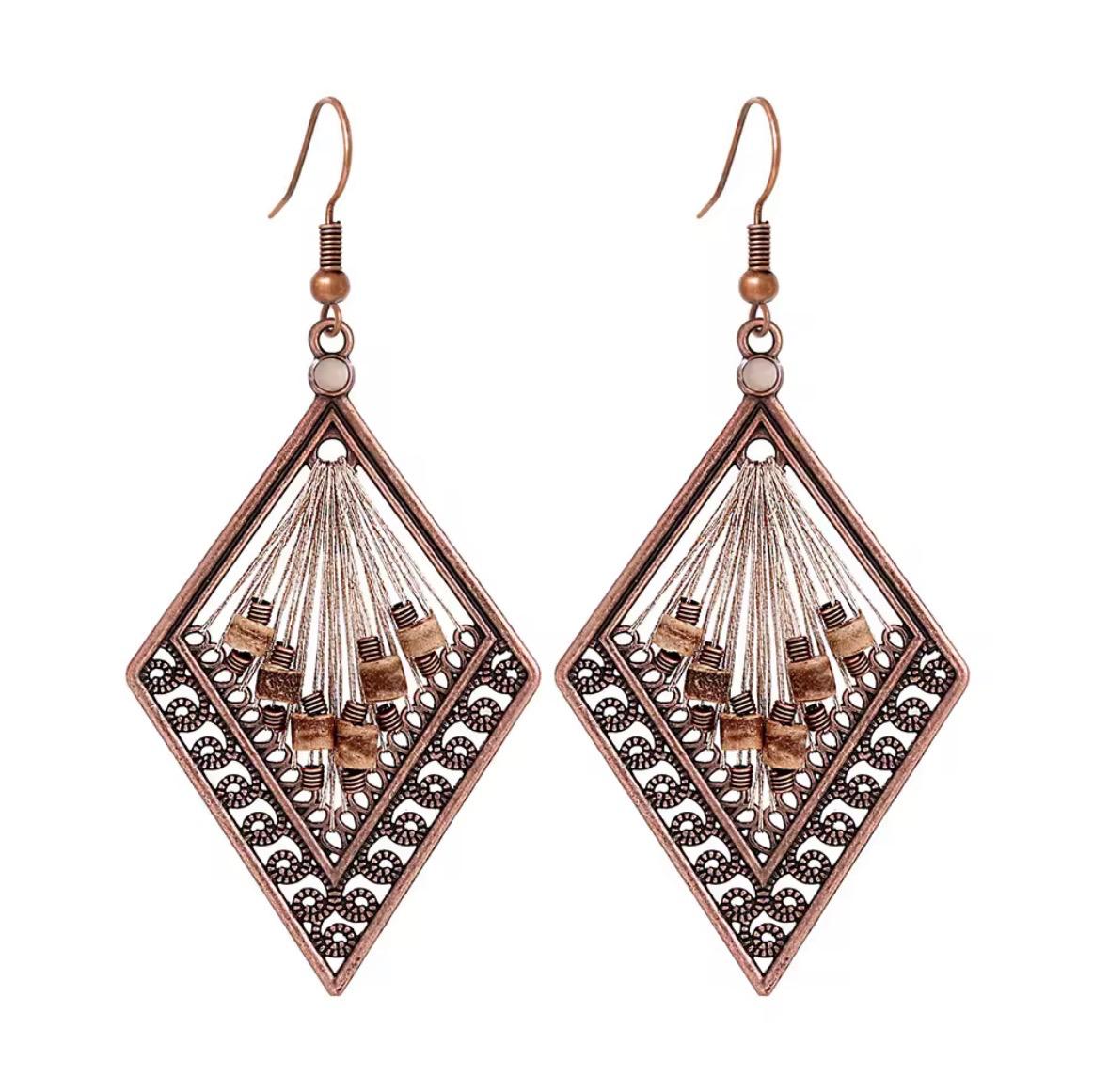 Wooden Bead Silver Thread Filigree Rhombus Earrings