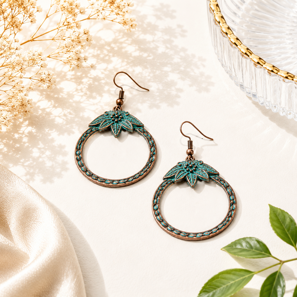 Patina Leaf Hoop Earrings