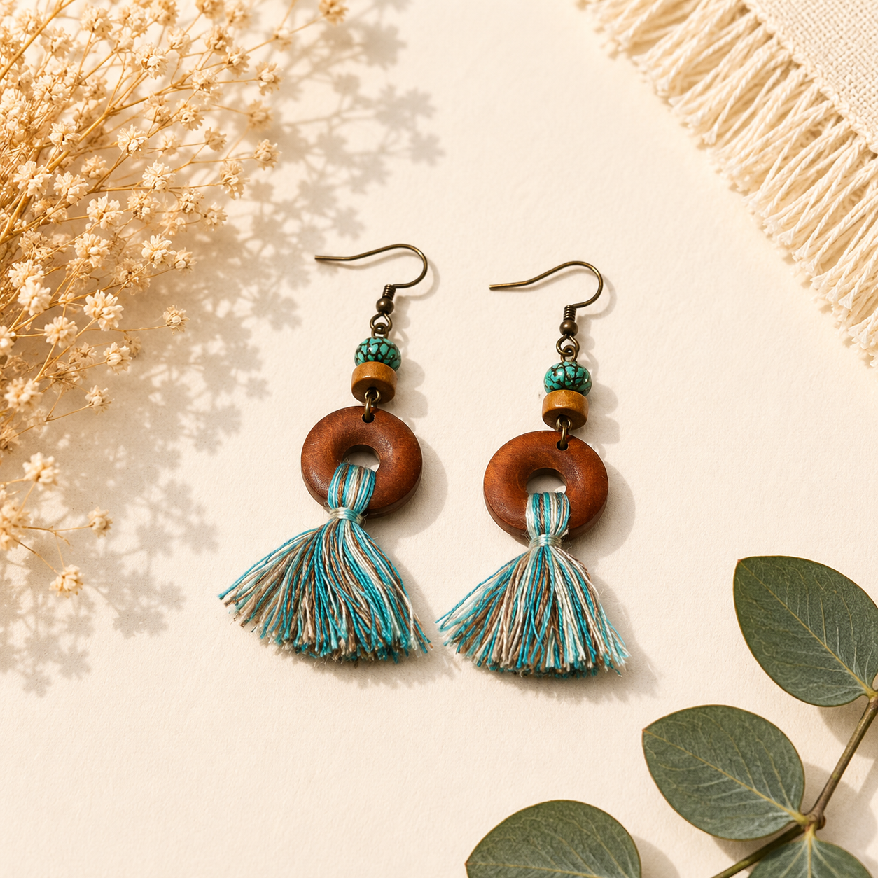 Wooden Ring Tassel Earrings