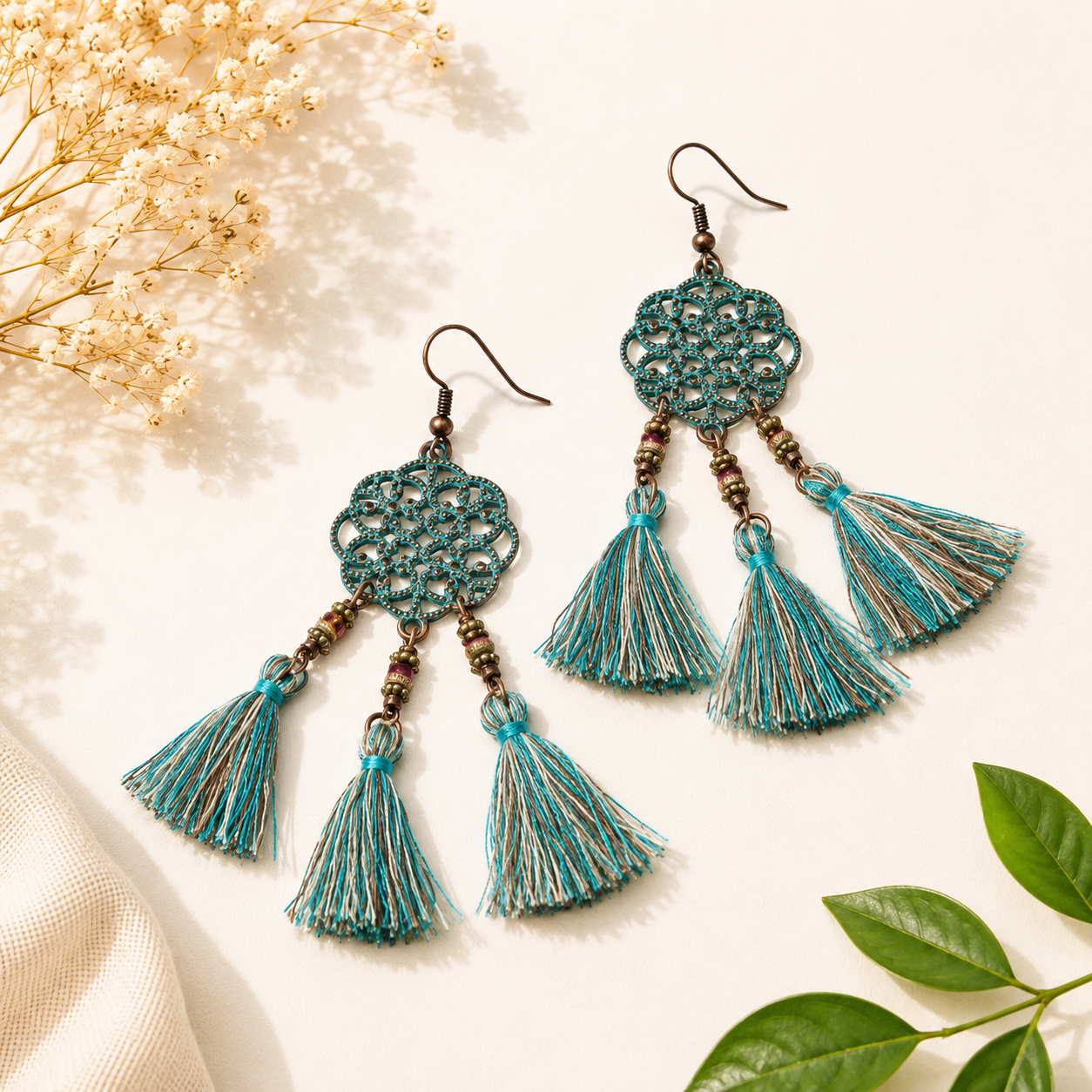 Triple Tassel Filigree Earrings