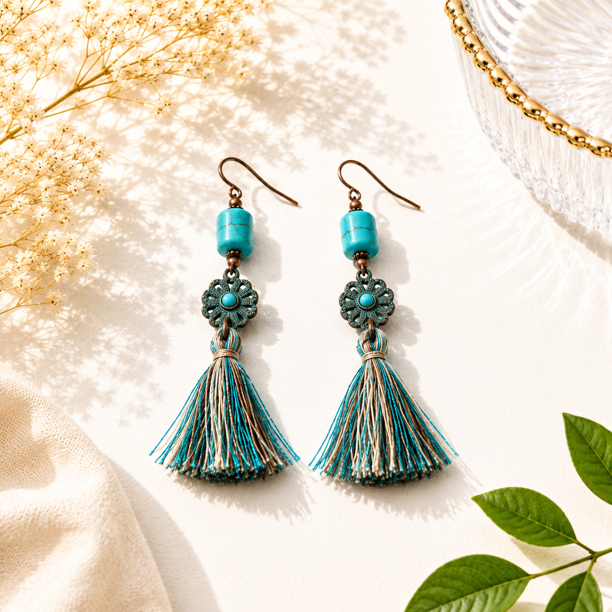 Turquoise Flower Tassel Earrings