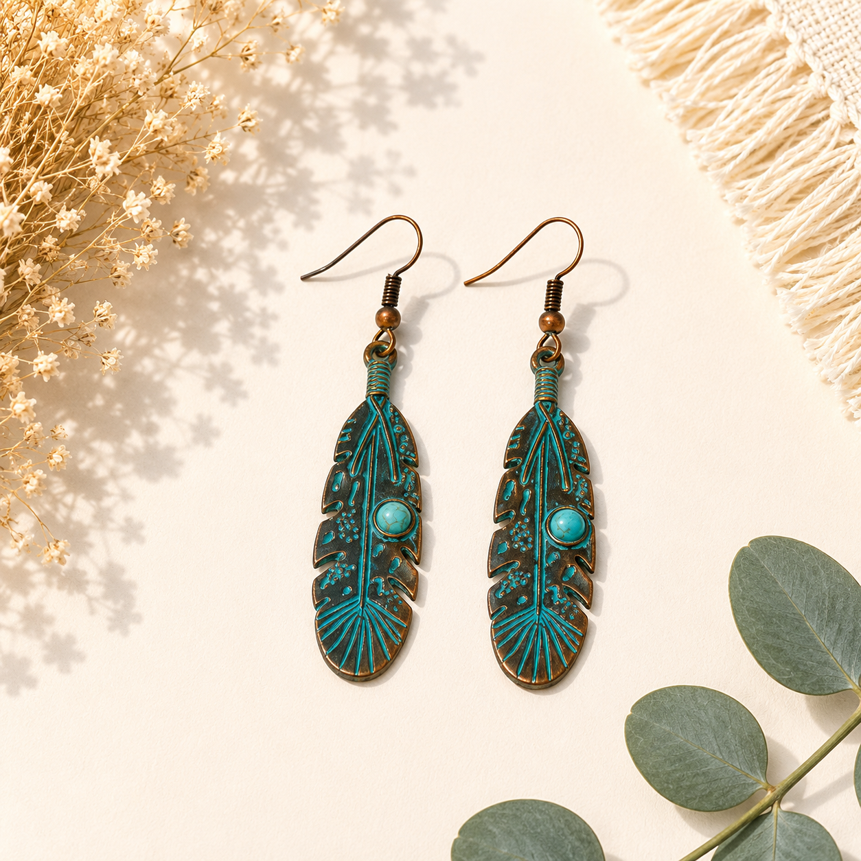 Turquoise Feather Drop Earrings