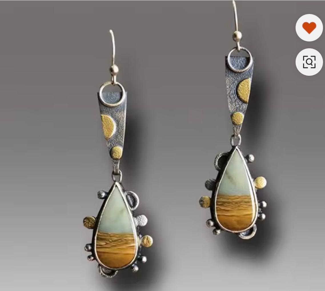 Mixed Metal Artisan Earrings with Landscape Agate Teardrop & Granulation Detail