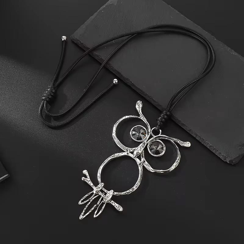 Silver Owl Pendant Necklace with Crystal Eyes on Adjustable Cord