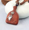 Buddha Hand Holding Lotus Carved Rosewood Pendant Necklace with Beaded Chain