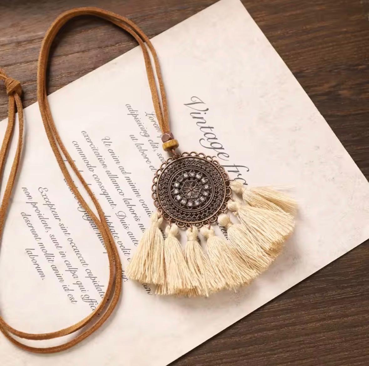 Copper Mandala Rhinestone Medallion Necklace with Ivory Tassel Fan