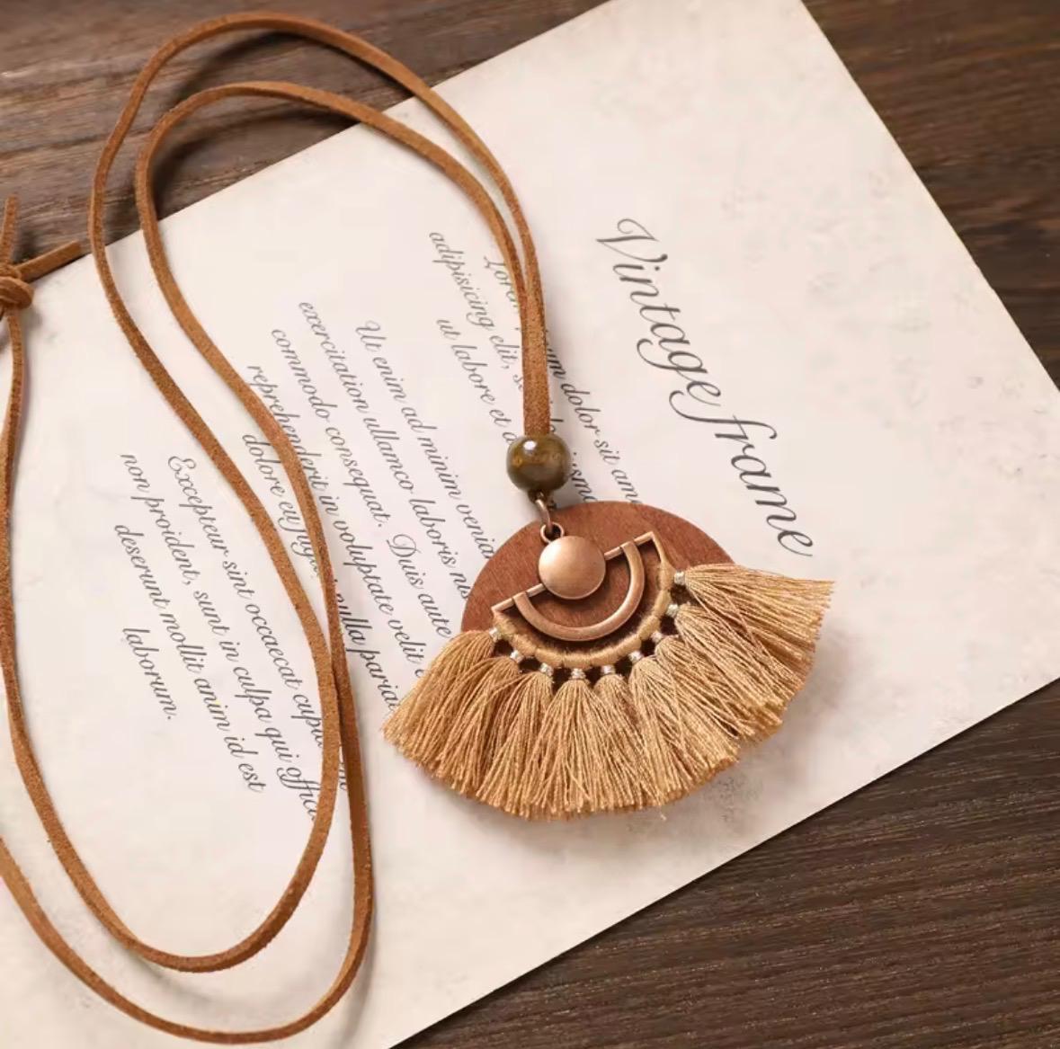 Copper Half-Moon Fan Tassel Pendant Necklace on Wooden Disc with Suede Cord ***