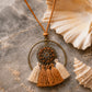 Antique Bronze Hoop Rhinestone Medallion Necklace with Cream & Tan Tassels