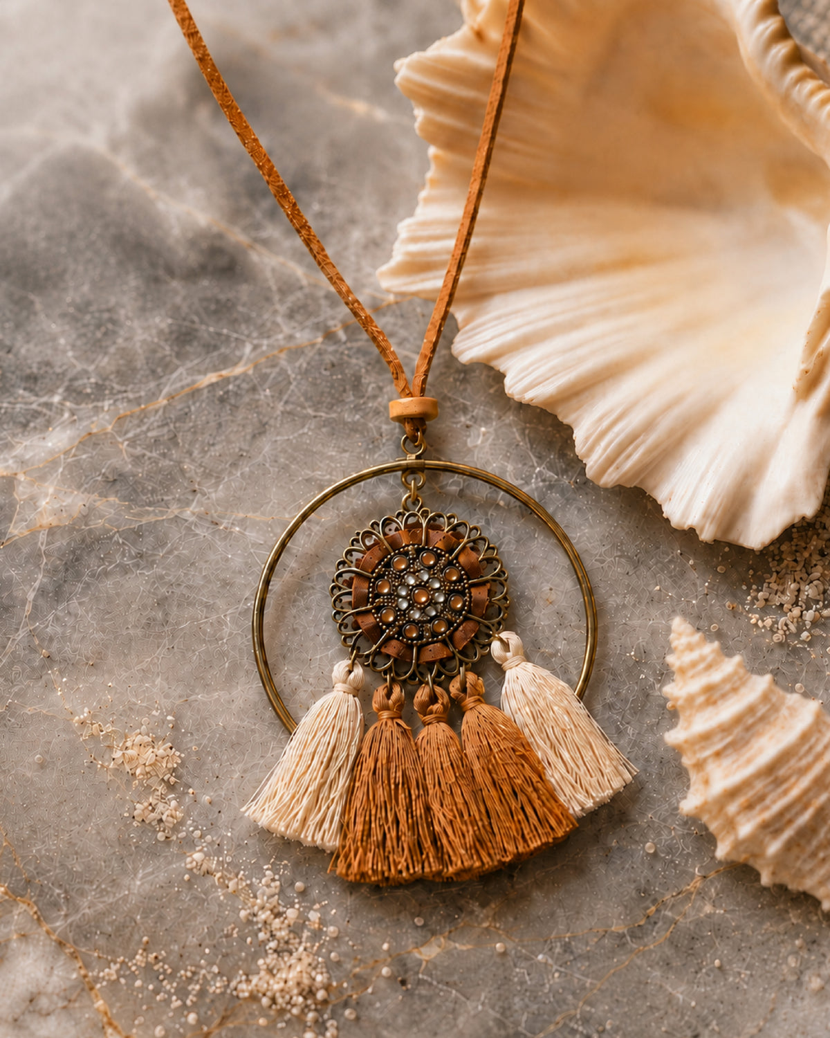 Antique Bronze Hoop Rhinestone Medallion Necklace with Cream & Tan Tassels