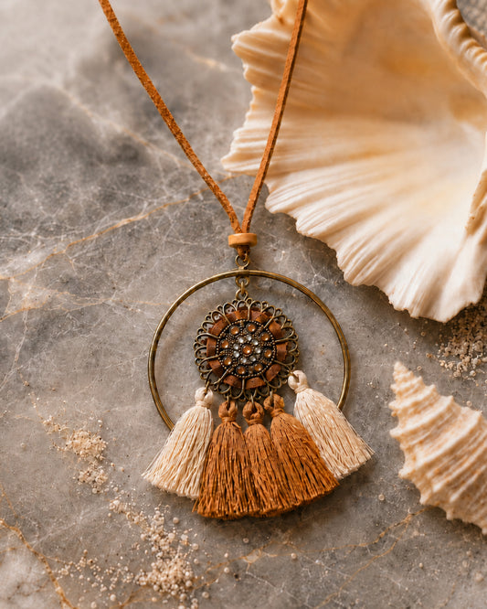 Antique Bronze Hoop Rhinestone Medallion Necklace with Cream & Tan Tassels