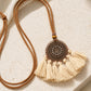 Copper Mandala Rhinestone Medallion Necklace with Ivory Tassel Fan