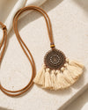 Copper Mandala Rhinestone Medallion Necklace with Ivory Tassel Fan