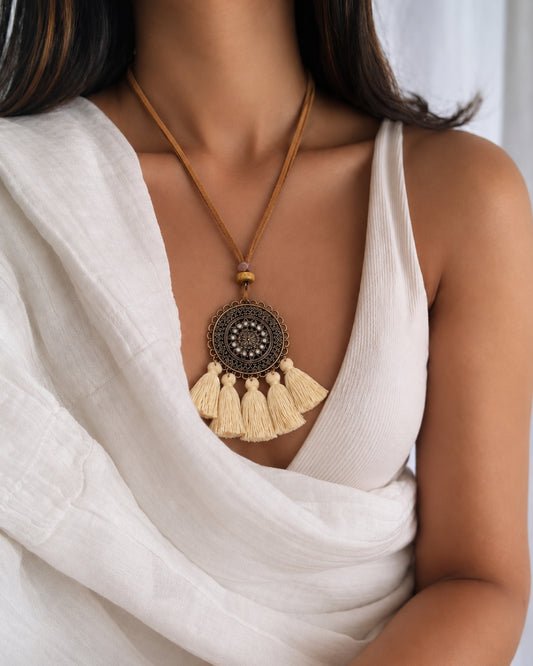 Copper Mandala Rhinestone Medallion Necklace with Ivory Tassel Fan