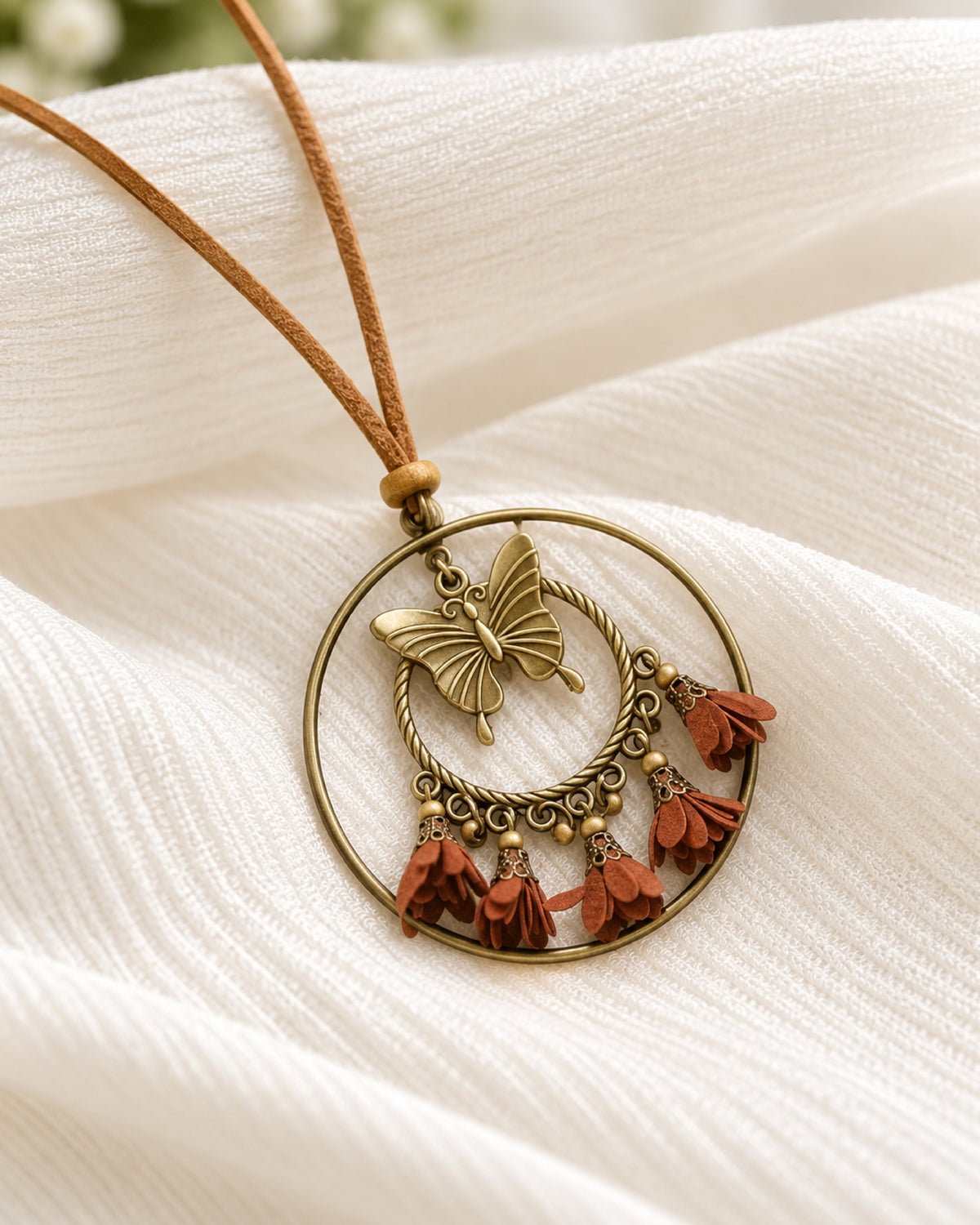 Bronze Butterfly Double Hoop Necklace with Rust Fabric Flower Tassels