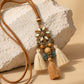 Vintage Enamel Daisy Flower Pendant Necklace with Beads & Triple Tassels