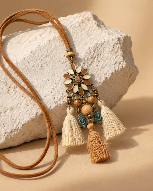 Vintage Enamel Daisy Flower Pendant Necklace with Beads & Triple Tassels