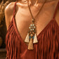 Vintage Enamel Daisy Flower Pendant Necklace with Beads & Triple Tassels