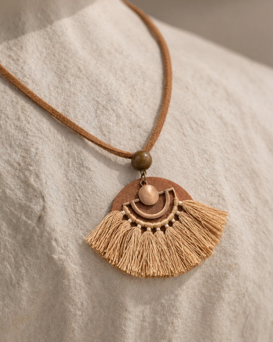 Copper Half-Moon Fan Tassel Pendant Necklace on Wooden Disc with Suede Cord ***