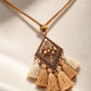 Antique Copper Rhombus Wooden Bead Pendant Necklace with Beige Tassels