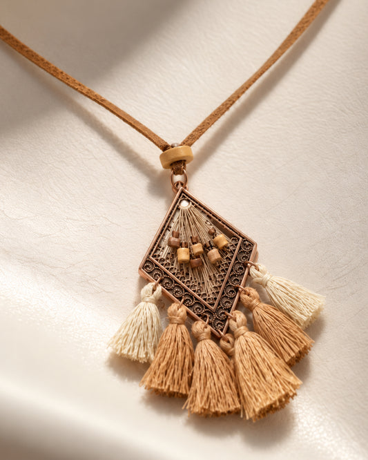 Antique Copper Rhombus Wooden Bead Pendant Necklace with Beige Tassels