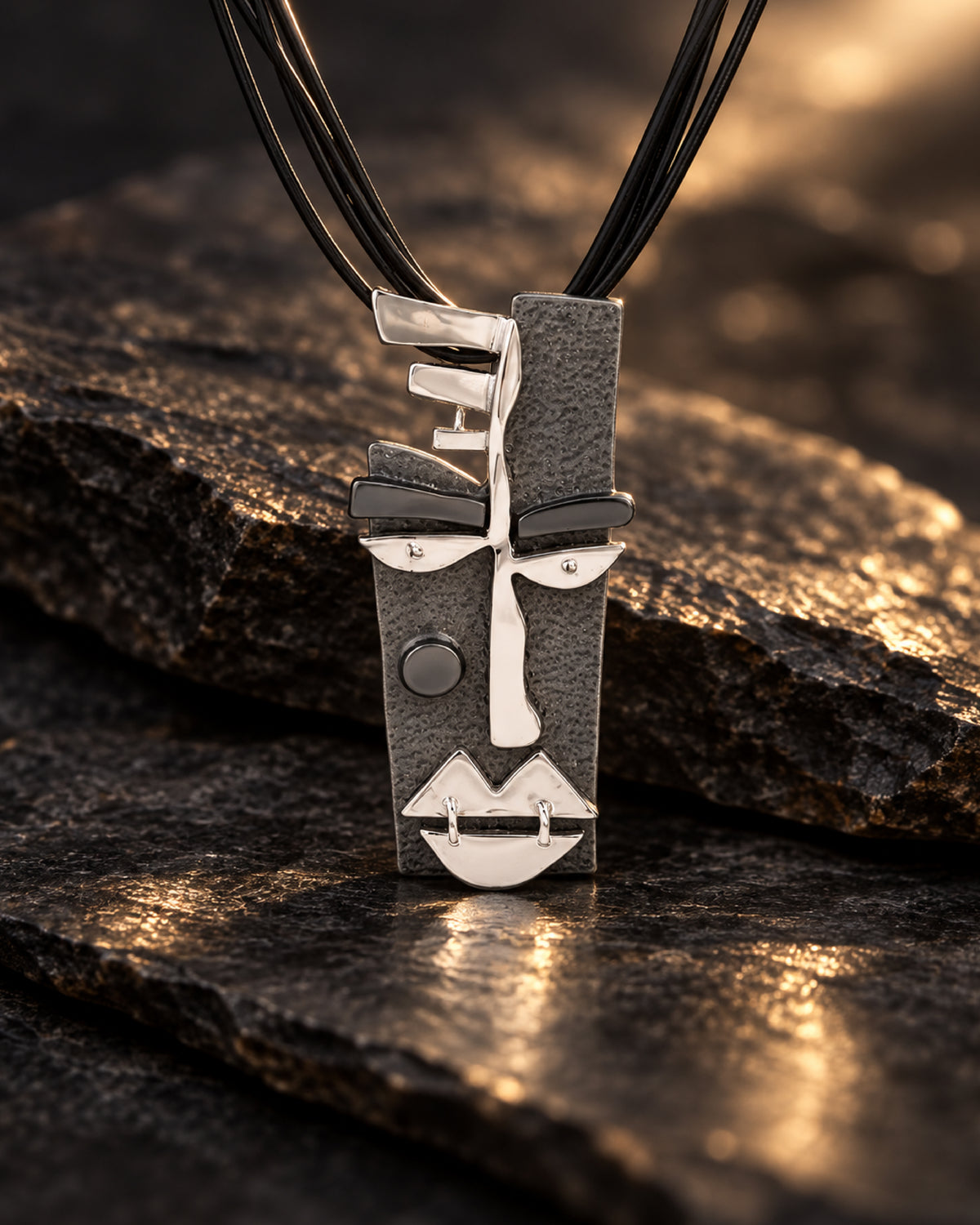 Abstract Geometric Face Pendant Necklace with Multi-Strand Cord