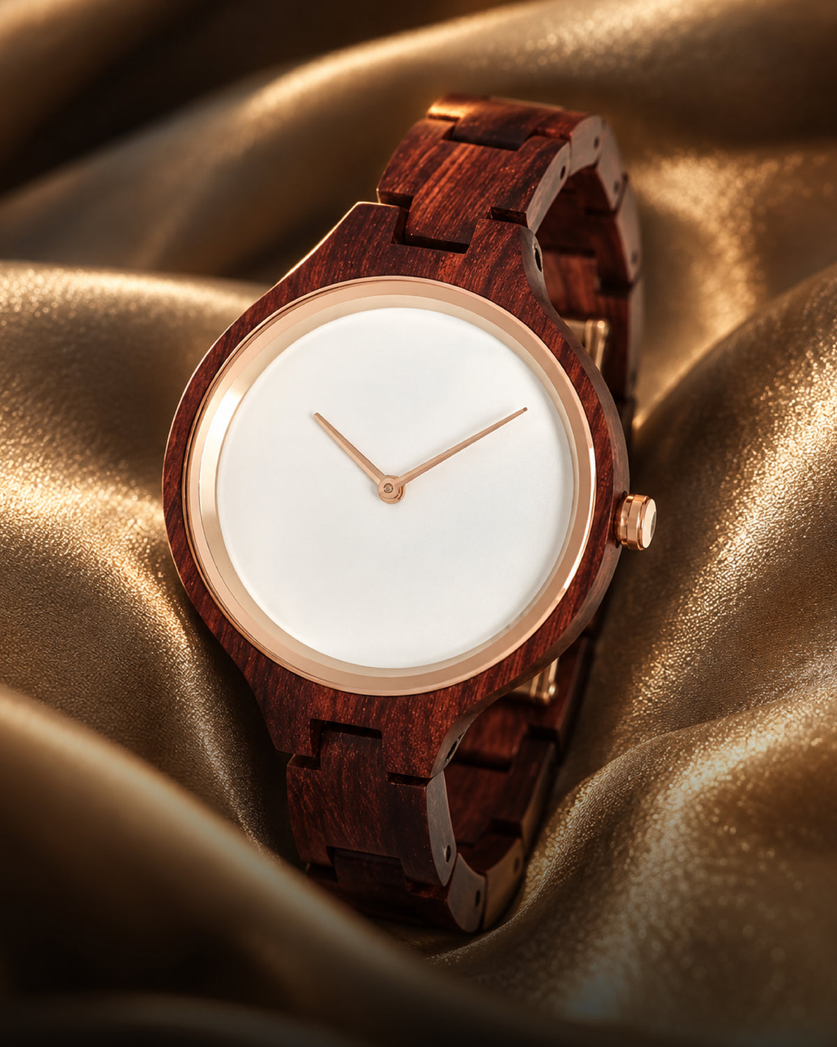Minimalist White Dial Red Sandalwood Watch with Rose Gold Bezel