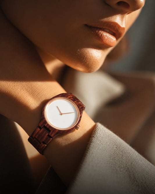 Minimalist White Dial Red Sandalwood Watch with Rose Gold Bezel