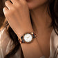 Round Crystal Marker White Dial Watch with Multicolor Mixed Wood Bracelet