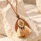 Wooden Teardrop Enamel Lotus Pendant Necklace with Cream Tassels