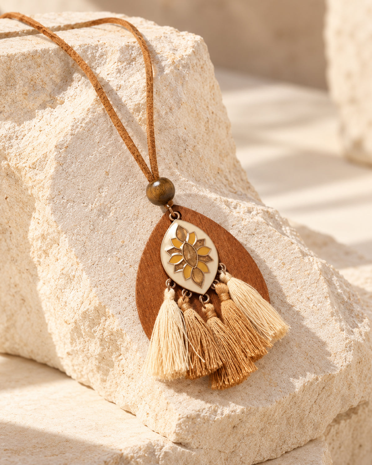 Wooden Teardrop Enamel Lotus Pendant Necklace with Cream Tassels
