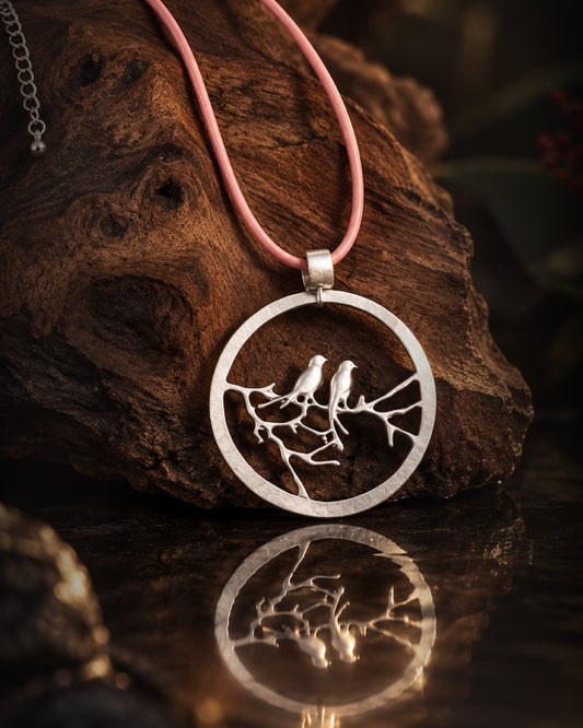 Silver Bird on Branch Circle Pendant Necklace with Pink Cord