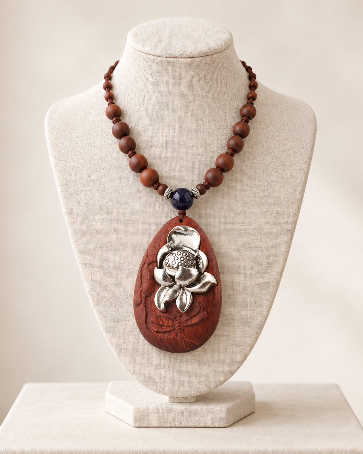 Silver Lotus Flower Teardrop Rosewood Pendant Necklace with Dragonfly Carving