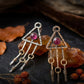 Boho Triangle Earrings with Pink Stone & Wire-Wrapped Fringe Drops