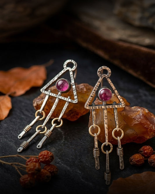 Boho Triangle Earrings with Pink Stone & Wire-Wrapped Fringe Drops
