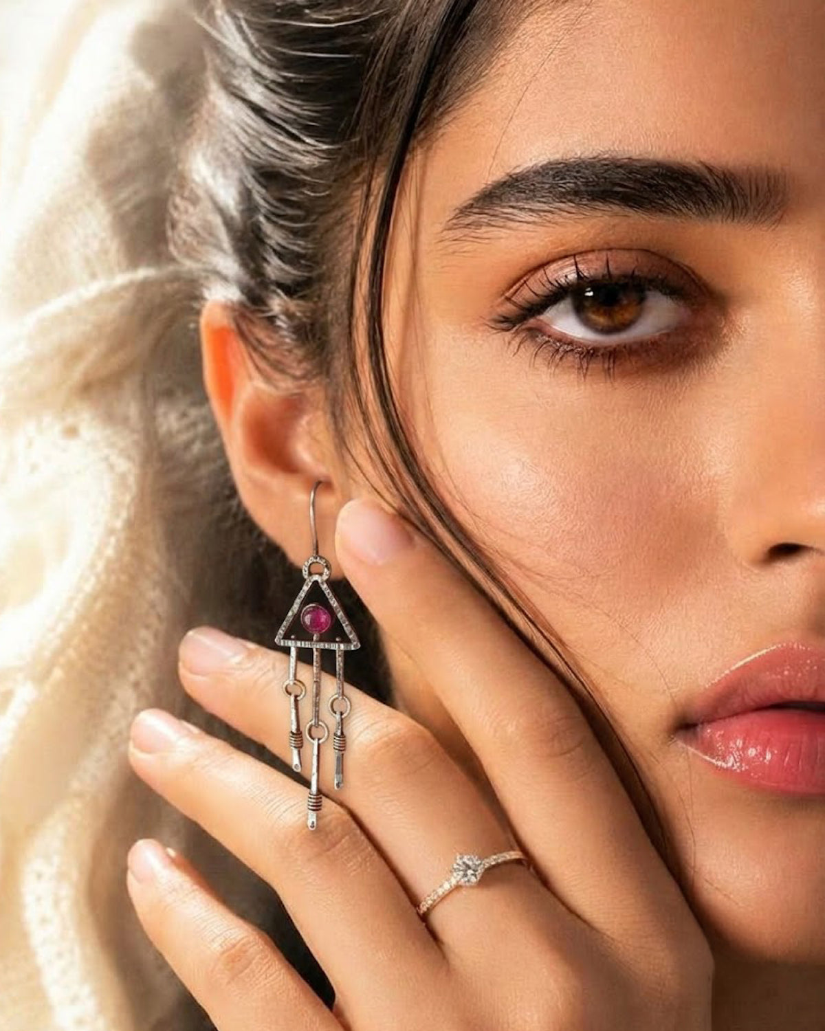 Boho Triangle Earrings with Pink Stone & Wire-Wrapped Fringe Drops