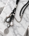 Crystal Teardrop & Pearl Tassel Pendant Necklace with Leaf Charms