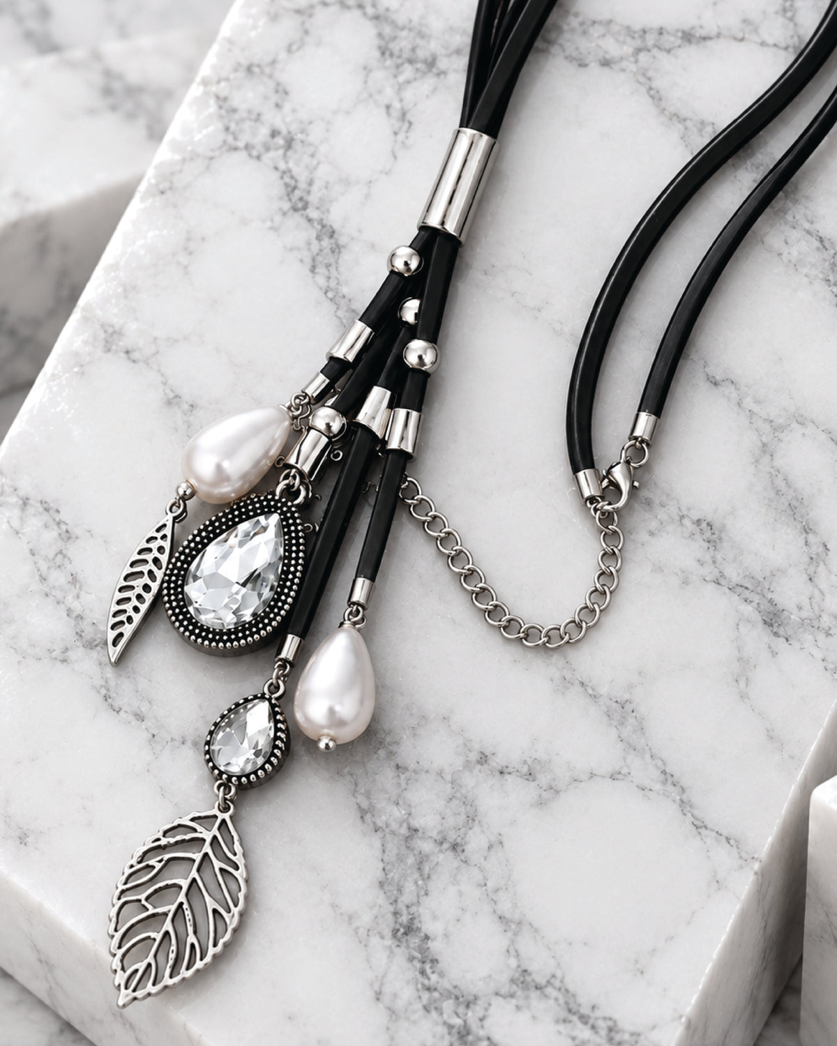 Crystal Teardrop & Pearl Tassel Pendant Necklace with Leaf Charms