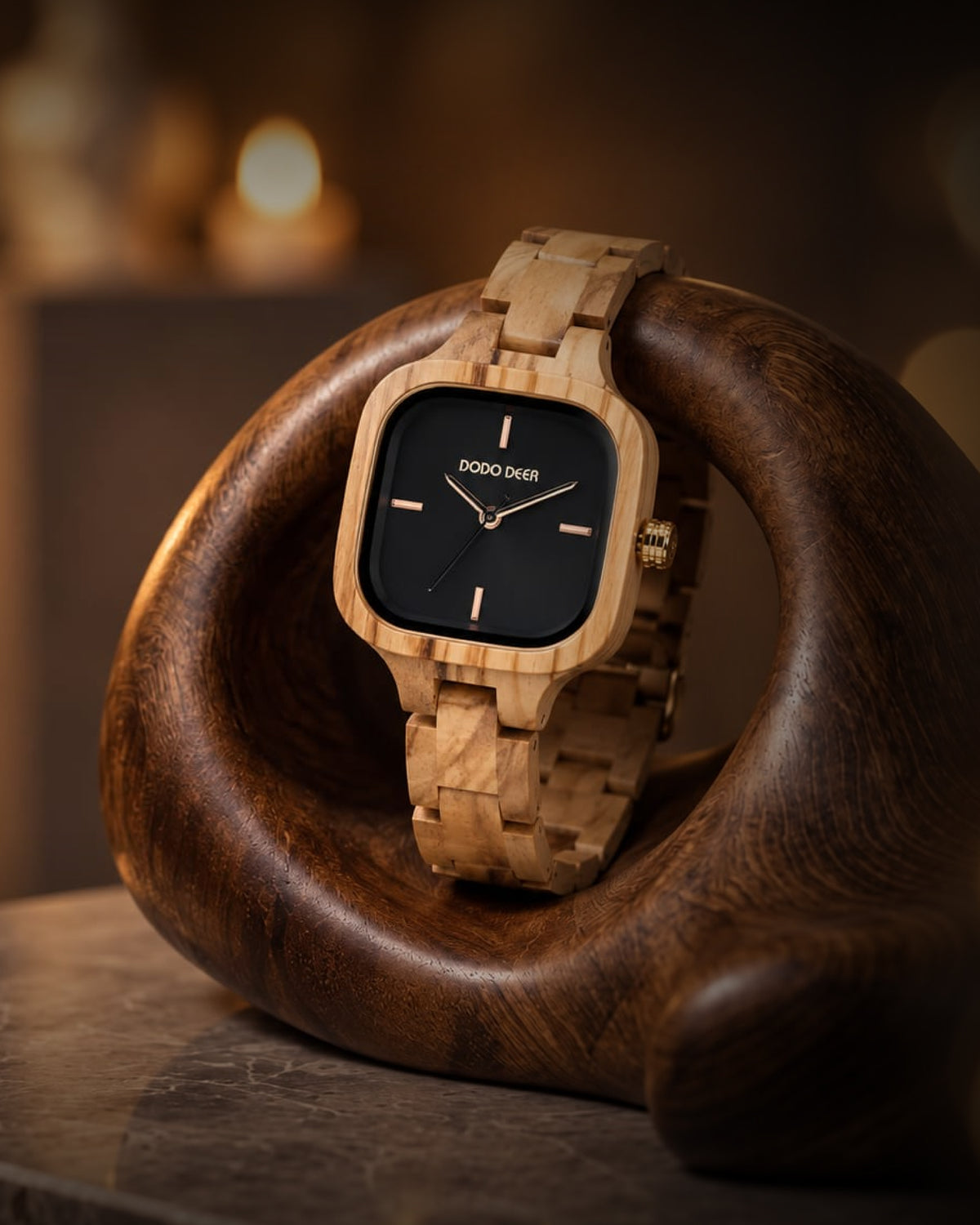 Square Black Dial Olive Wood Watch with Rose Gold Markers & Wooden Link Strap