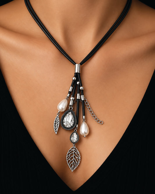 Crystal Teardrop & Pearl Tassel Pendant Necklace with Leaf Charms