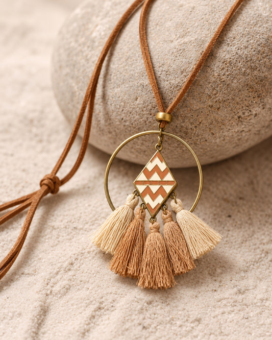 Bronze Hoop Zigzag Chevron Rhombus Necklace with Beige & Tan Tassels