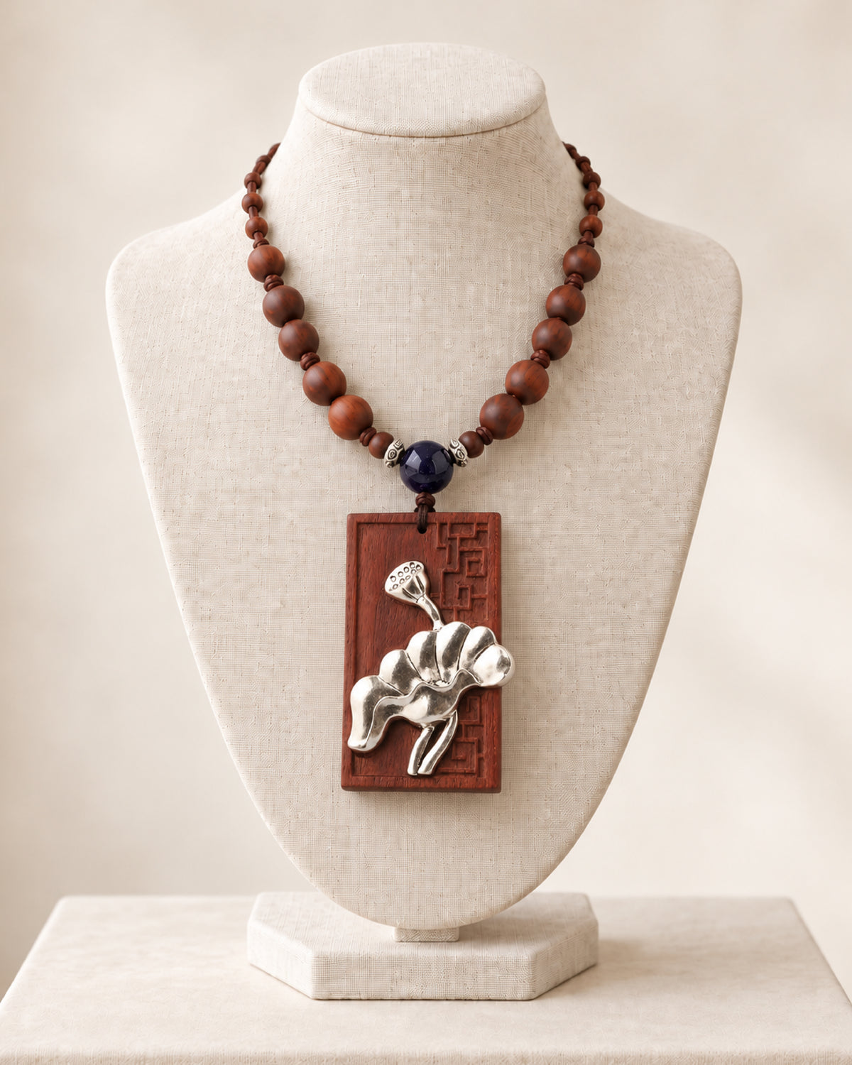 Silver Lotus Leaf & Seed Pod Rectangular Rosewood Pendant Necklace